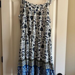 beachlunchlounge White Floral Mini Dress with Navy and Olive Accents